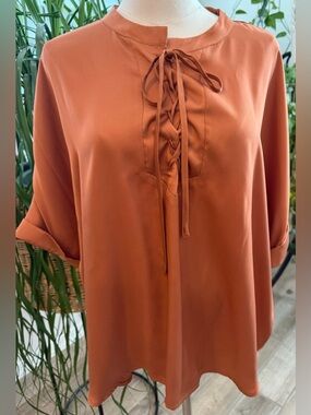 Rye Grass Rust Tie-Neck Blouse with Lace-Up Front